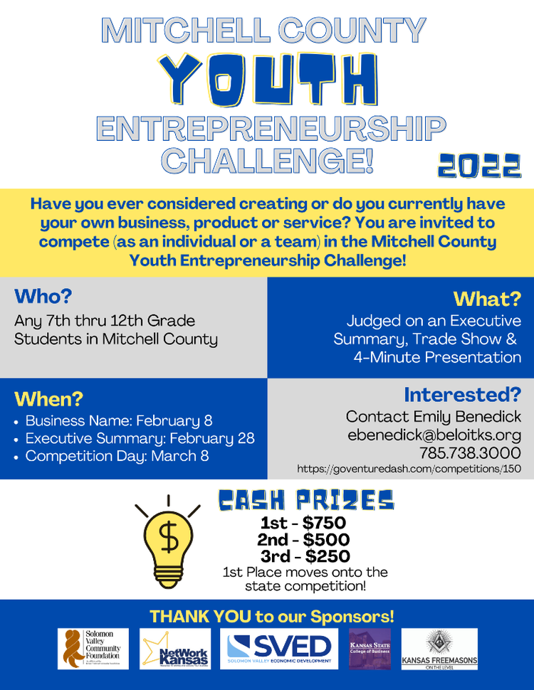 Click To Enter - Mitchell County Kansas, Youth Entrepreneurship Challenge ... have you ever considered creating or do you currently have your own business, product or service? You are invited to compete, as an individual or a team.